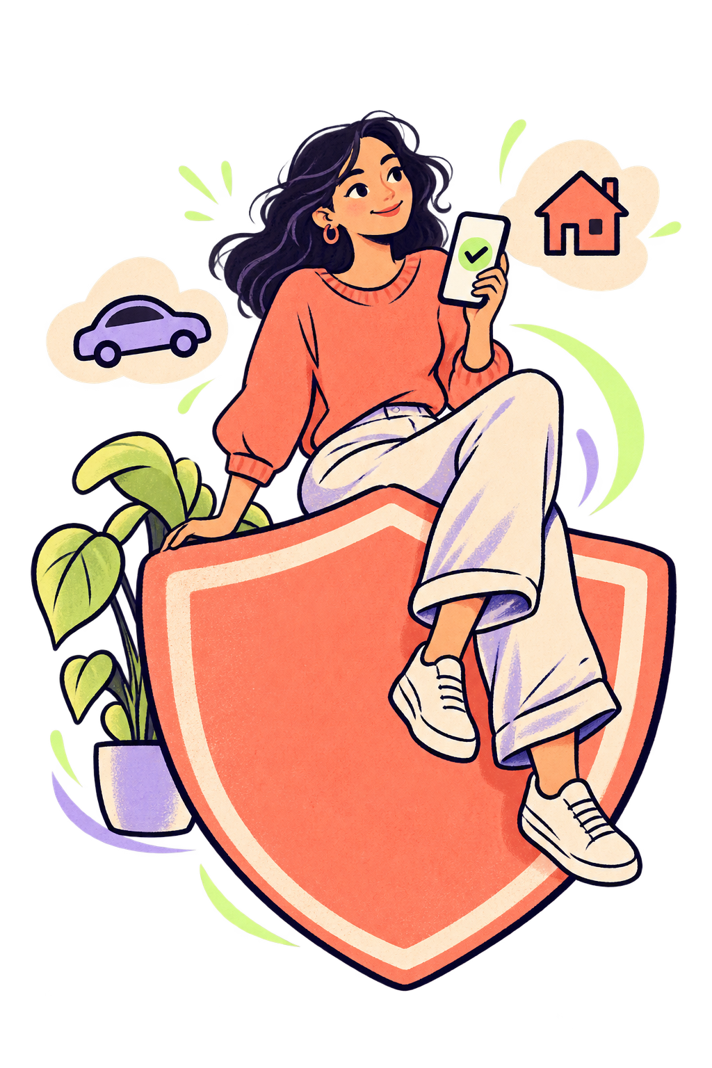 Person sitting on a shield with home and car icons
